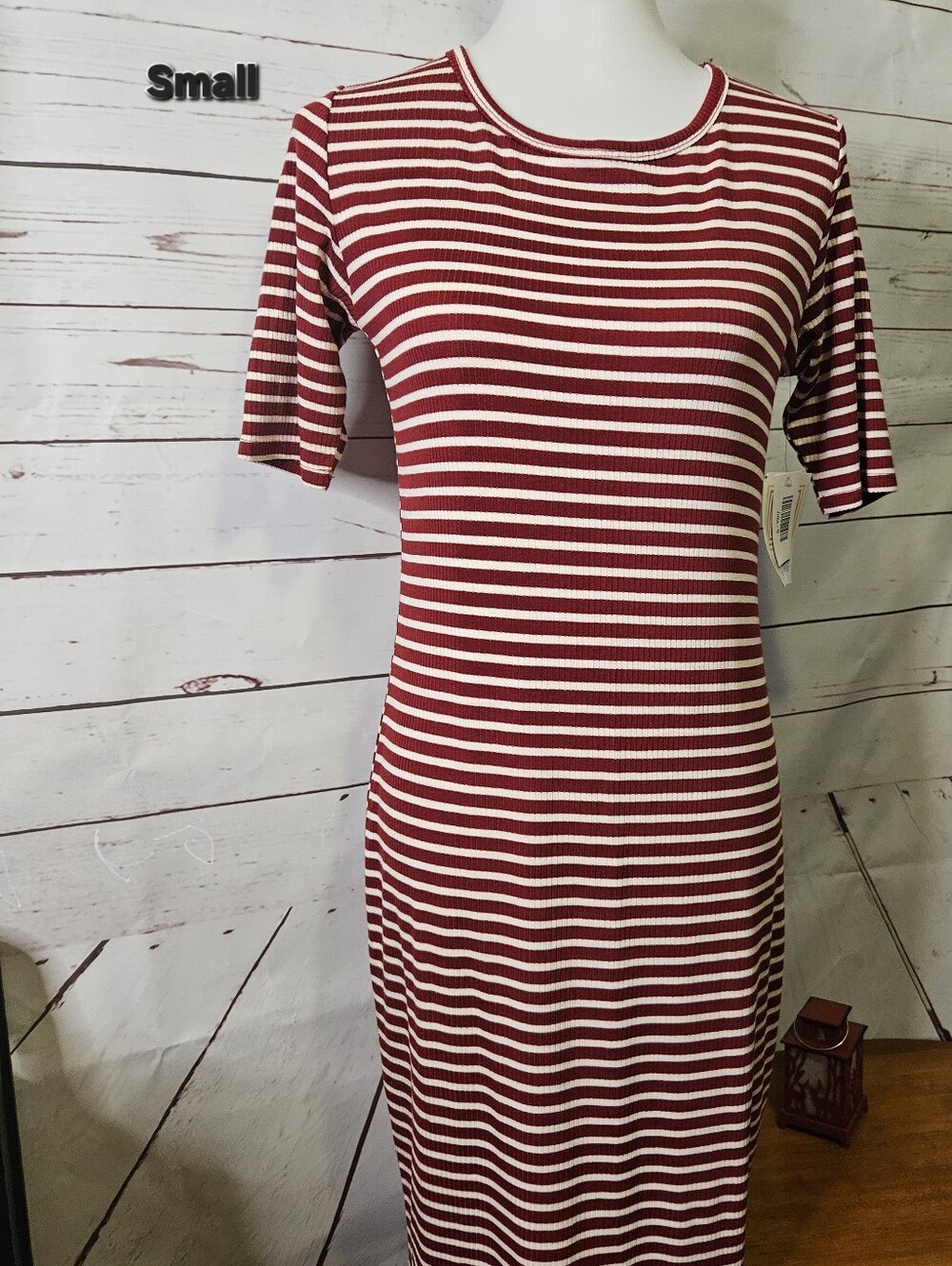 LuLaRoe Julia Dress in Burgundy and Cream Stripes